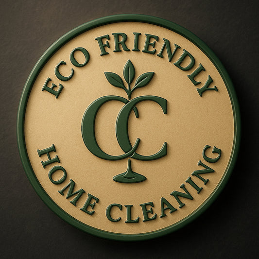 Eco-friendly home cleaning logo with green text and leaf design on a brown background representing the best and cheapest eco cleaners in residential services in America.