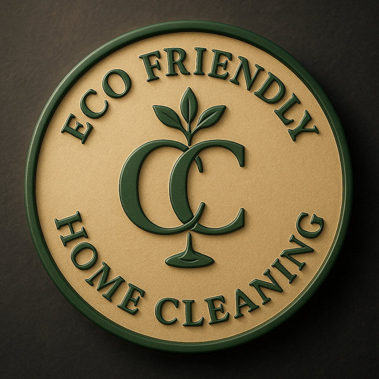 Eco-friendly home cleaning logo with green text and leaf design on a brown background representing the best and cheapest eco cleaners in residential services in America.