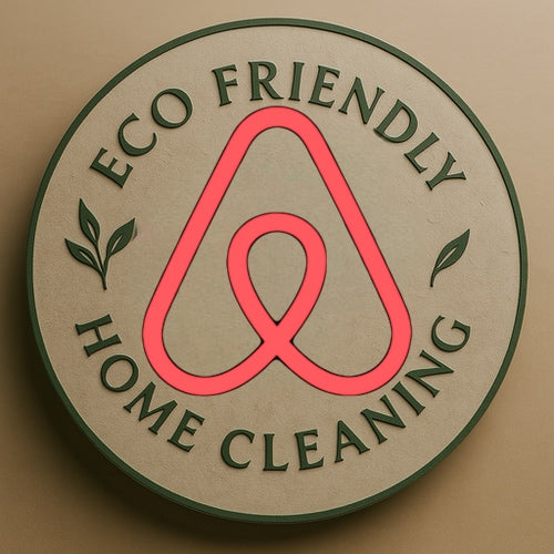 Round sign for eco-friendly home cleaning service with a red logo on a beige background